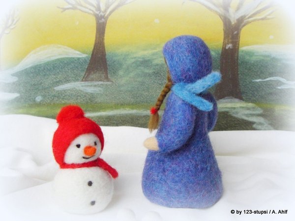 Winterkind mit Schneemann aus Wolle - Jahreszeitentisch (9008)
